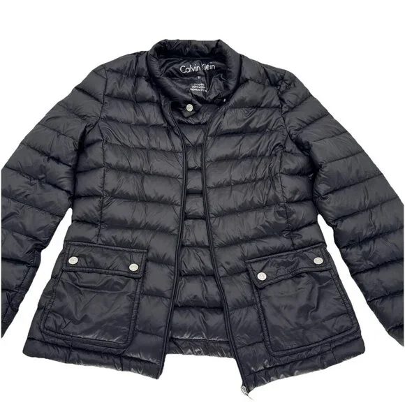 Calvin Klein Black Premium Down puffer Jacket Short, Woman’s Medium zip pocket - Picture 2 of 14